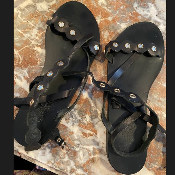 Ancient Greek Black Strappy Leather Sandals - Size 9 - Picture 3 of 4